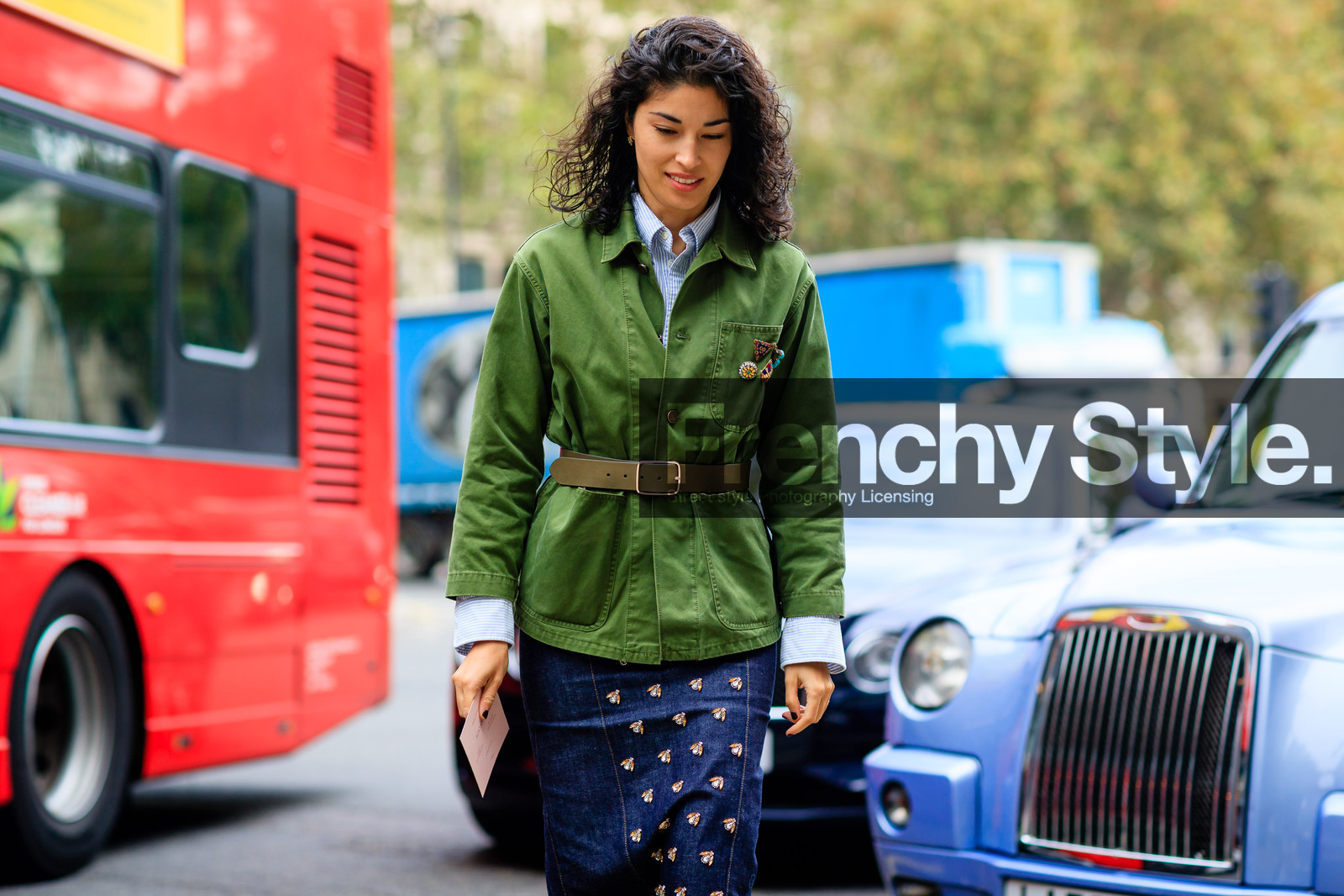 atmosphere details, blue denim, caroline issa, denim skirt, detail, embroidered skirt, fashion week, frenchystyle, FW, green belt, green jacket, horizontal, jonathan paciullo, leather belt, leather shoes, LFW, LONDON, pins, SPRING SUMMER 2017, SS 17, street style, woman