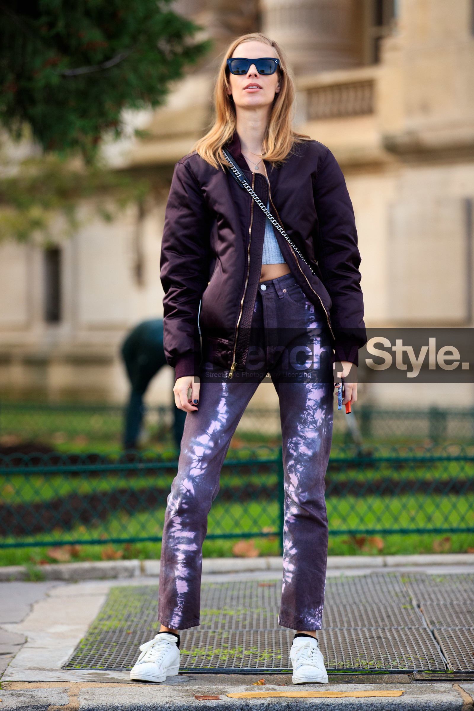 lexi boling, burgundy bombers, burgundy jeans, tie and dye jeans, purple bombers, purple jeans, black sunglasses, celine sunglasses, cropped top, satin bombers, PARIS, PFW, fashion week, frenchystyle, FW, jonathan paciullo, street style, SPRING SUMMER 2021, SS 21, vertical, full length, model