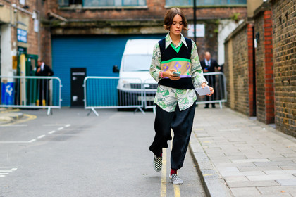 atmosphere details, black and white shoes, black pants, checked shoes, fashion week, floral, flower, frenchystyle, full length, FW, green shirt, horizontal, jonathan paciullo, LFW, LONDON, navy sweater, printed shirt, printed sweater, red socks, sleeveless, SPRING SUMMER 2017, SS 17, street style, trousers, vans, vest, white slippers, woman
