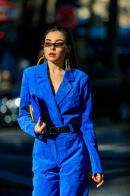 black belt, blazer, blue bag, blue jacket, blue pants, corduroy, earrings, leather bag, sunglasses, trousers, tucked in, PARIS, PFW, street style, jonathan paciullo, FW, frenchystyle, fashion week, AUTUMN WINTER 2019-2020, AW 19-20, FALL WINTER 2019-2020, FW 19-20, vertical, atmosphere details, detail
