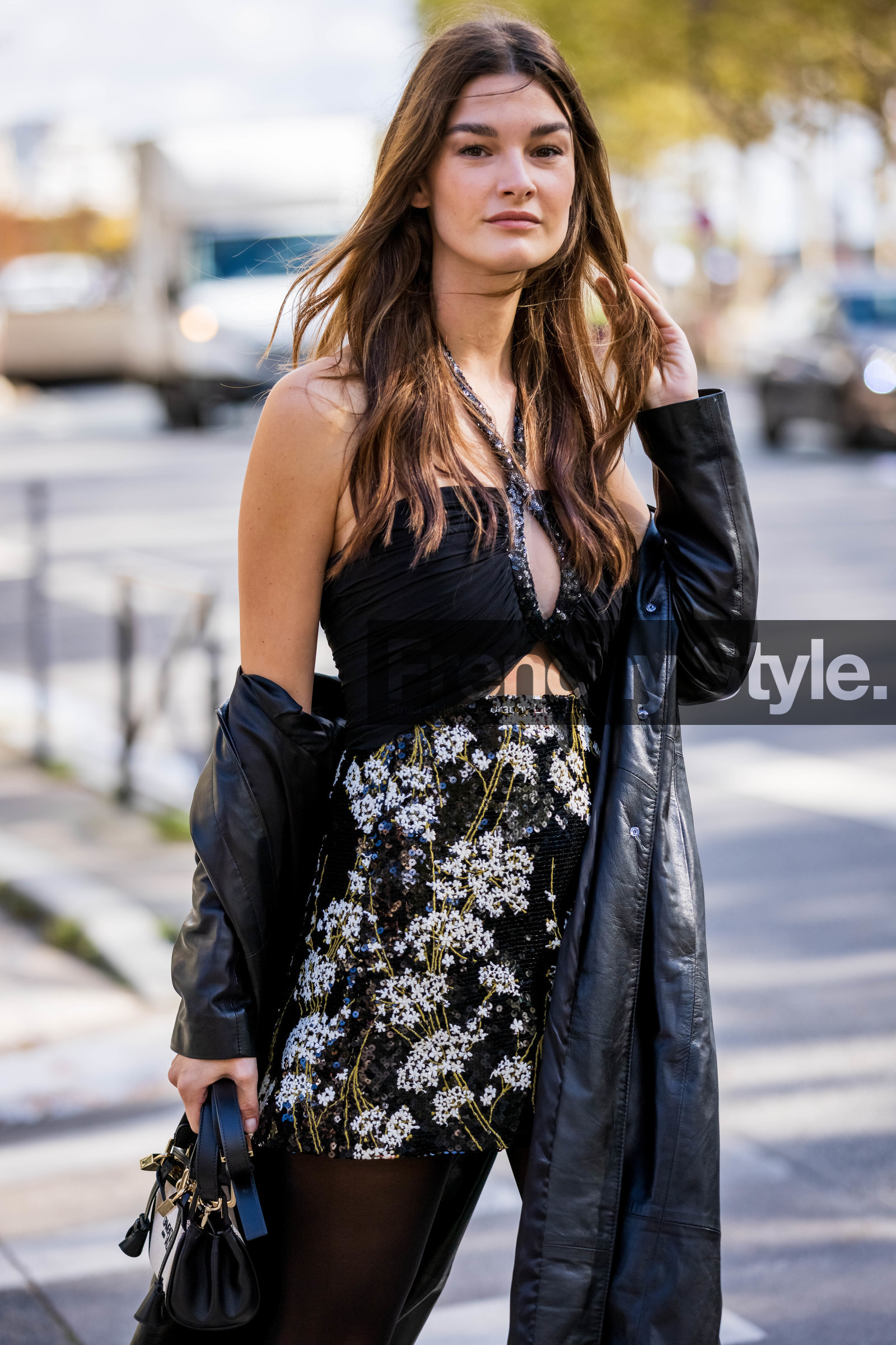 bag, black bag, black coat, black dress, coat, dress, floral print, flower, leather coat, mini skirt, Ophélie Guillermand, printed dress, fashion week, frenchystyle, FW, jonathan paciullo, street style, PFW, PARIS, SPRING SUMMER 2022, SS 22, vertical, atmosphere details
