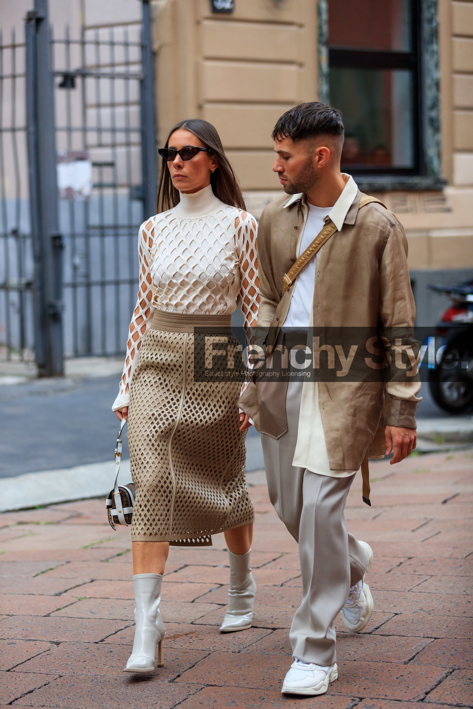 alice & j.s, alice barbier, JS roques, beige total look, beige jacket, beige pants, beige skirt, white top, white leather boots, polish boots, high heels boots, low boots, long sleeves top, openwork top, openwork skirt, mid long skirt, high collar top, fendi bag, monogrammed bag, white leather bag, brown leather bag, futurist shape sunglasses, scale sunglasses, mix and match look, fendi boots, fendi shirt, fendi skirt, fendi top, fendi look, fashion week, frenchystyle, FW, jonathan paciullo, street style, MFW, MILAN, SPRING SUMMER 2020, SS 20