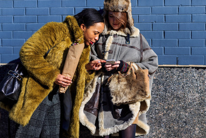 atmosphere details, AUTUMN WINTER 2016-2017, AW 16-17, black bag, brown bag, brown hat, cape, chapka, checked pants, detail, ella catliff, fashion week, flower, frenchystyle, fur bag, fur coat, fur collar, fur hat, fur jacket, FW, FW 16-17, grey coat, grey pants, group of people, horizontal, iphone, jonathan paciullo, leather coat, NEW YORK, NYFW, plaid, poncho, shearling, sheep fur, street style, white fur, wide pants, woman, wool pants, yellow fur