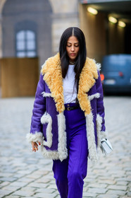 fur jacket, leather bag, prada, purple jacket, purple pants, shearling, trousers, white bag, white fur, white t shirt, yellow fur, fashion week, frenchystyle, FW, jonathan paciullo, street style, PFW, PARIS, SPRING SUMMER 2017, SS 17, HAUTE COUTURE, vertical, detail, gilda ambrosio