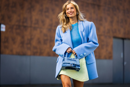 bag, balenciaga bag, blazer, blue top, color, denim bag, denim skirt, hourglass bag, mini skirt, oversize blazer, pastel, skirt, Xenia Adonts, yellow skirt, street style, jonathan paciullo, FW, frenchystyle, fashion week, PFW, PARIS, SPRING SUMMER 2022, SS 22, horizontal, atmosphere details