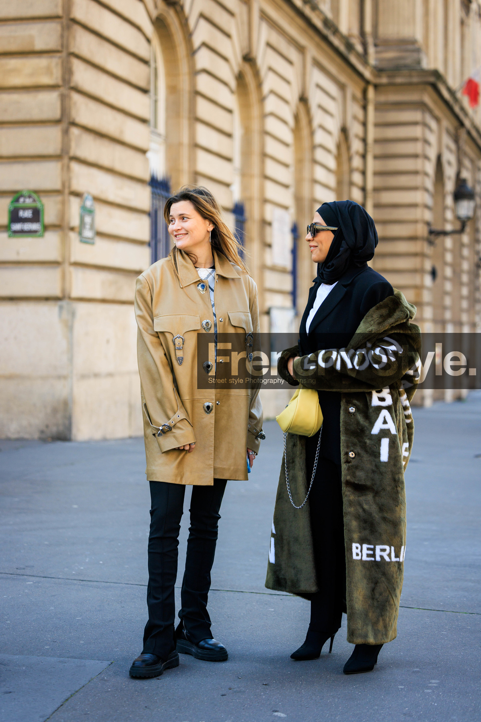 leather jacket, beige jacket, courreges top, plaid top, white top, black trousers, skinny pants, black boots, black scarf, green coat, furry coat, printed coat, yellow handbag, black blazer, white tshirt, silver loops, eugenie trochu, street style, jonathan paciullo, FW, frenchystyle, fashion week, AUTUMN WINTER 2022-2023, FALL WINTER 2022_2023, FW 22-23, PFW, PARIS, full length, vertical, heeled boots