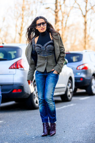 AUTUMN WINTER 2017-2018, AW 17-18, black turtleneck, blue denim, bustier top, denim pants, FALL WINTER 2017-2018, fashion week, frenchystyle, full length, FW, FW 17-18, graphic jacket, green jacket, grey top, high heels, jeans, jonathan paciullo, leather bag, leather shoes, nausheen shah, PARIS, PFW, purple bag, street style, sunglasses, trousers, vertical