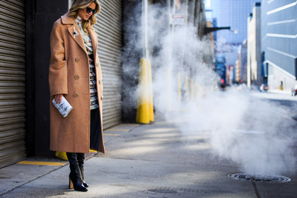 atmosphere details, AUTUMN WINTER 2016-2017, AW 16-17, beige coat, black boots, brooch, detail, FALL WINTER 2016-2017, fashion week, frenchystyle, FW, FW 16-17, helena bordon, high boots, high heels, horizontal, jonathan paciullo, layers, leather boots, NEW YORK, NYFW, overcoat, pleated dress, printed dress, silk dress, street style, sunglasses, white dress, woman