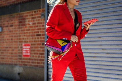 atmosphere details, blazer, detail, fashion week, frenchystyle, FW, graphic bag, horizontal, iphone, jonathan paciullo, leather bag, loewe, multicolor bag, NEW YORK, NYFW, patchwork, printed bag, red jacket, red pants, red suit, SPRING SUMMER 2018, SS 18, street style, trousers