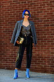 black denim, blazer, blue boots, blue hair, chanel handbag, checked jacket, denim pants, dyed hair, fashion week, frenchystyle, full length, FW, gold bag, graphic shoes, grey jacket, grey top, high heels, irene kim, jonathan paciullo, leather bag, leather shoes, NEW YORK, NYFW, over the shoulder, plaid, printed boots, SPRING SUMMER 2018, SS 18, street style, striped boots, sunglasses, trousers, vertical, vêtements, zip