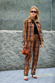 Annabel Rosendahl, beige boots, black sweater, brown bag, brown jacket, brown pants, brown suit, checked, checked suit, céline, graphic jacket, graphic pants, graphic suit, high heels, leather bag, leather shoes, plaid, printed jacket, printed pants, printed suit, sunglasses, tartan, trousers, fashion week, frenchystyle, FW, jonathan paciullo, street style, NYFW, NEW YORK, SPRING SUMMER 2019, SS 19, vertical, full length