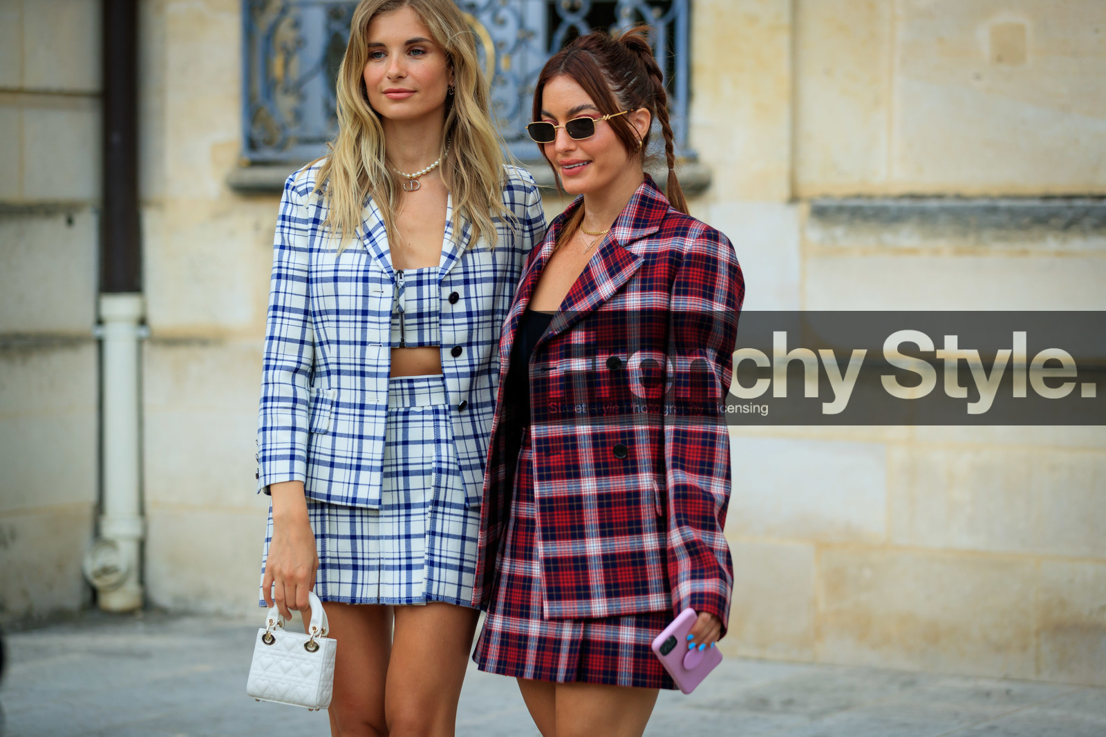 checked jacket, checked skirt, checked top, checked total look, checked suits, school girl look, white jacket, white skirt, white top, red jacket, red skirt, blue jacket, blue skirt, blue top, cropped top, zipped top, mini skirt, mini bag, golden necklace, golden sunglasses, pearl necklace, initials earrings, initials necklace, diamond necklace, diamond earrings, strassed earrings, strassed necklace, white leather bag, hand bag, quilted bag, dior total look, dior top, dior suits, dior skirt, dior jacket, dior earrings, dior necklace, dior bag, xenia adonts, Karen Wazen Bakhazi, fashion week, frenchystyle, FW, jonathan paciullo, street style, PFW, PARIS, AUTUMN WINTER 2021-2022, FALL WINTER 2021-2022, FW 21-22, atmosphere details, horizontal, detail