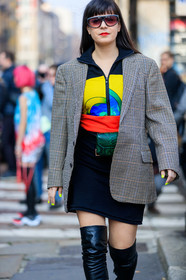 black shoes, black skirt, blazer, brown jacket, checked, fanny pack, graphic jacket, green bag, high boots, leather bag, leather shoes, plaid, printed jacket, printed sweater, sunglasses, fashion week, frenchystyle, FW, jonathan paciullo, street style, MFW, MILAN, AUTUMN WINTER 2019-2020, AW 19-20, FALL WINTER 2019-2020, FW 19-20, vertical, atmosphere details, detail