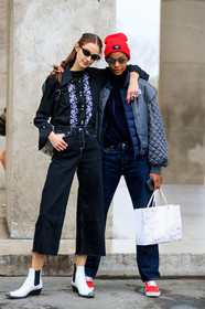 black denim, black shirt, blue denim, bomber jacket, denim pants, grey jacket, jeans, leather bag, leather shoes, model, printed shirt, red beanie, red sneakers, sunglasses, trousers, white shoes, PARIS, PFW, street style, jonathan paciullo, FW, frenchystyle, fashion week, AUTUMN WINTER 2019-2020, AW 19-20, FALL WINTER 2019-2020, FW 19-20, vertical, full length