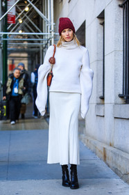 AUTUMN WINTER 2016-2017, AW 16-17, black boots, fashion week, frenchystyle, full length, FW, FW 16-17, high heels, jonathan paciullo, leather boots, NEW YORK, NYFW, orange bag, pompons, red beanie, street style, turtleneck sweater, veronika heilbrunner, vertical, white knit, white skirt, white sweater, woman, wool skirt
