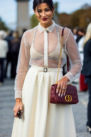 bag, bra, burgundy bag, chain bag, cream skirt, dior bag, dior bra, dior look, earrings, gold earrings, hoops, leather bag, long skirt, mesh shirt, pearl necklace, quilted bag, red lips, rings, shirt, skirt, transparent shirt, white bra, white shirt, fashion week, frenchystyle, FW, jonathan paciullo, street style, PFW, PARIS, SPRING SUMMER 2022, SS 22, vertical, atmosphere details