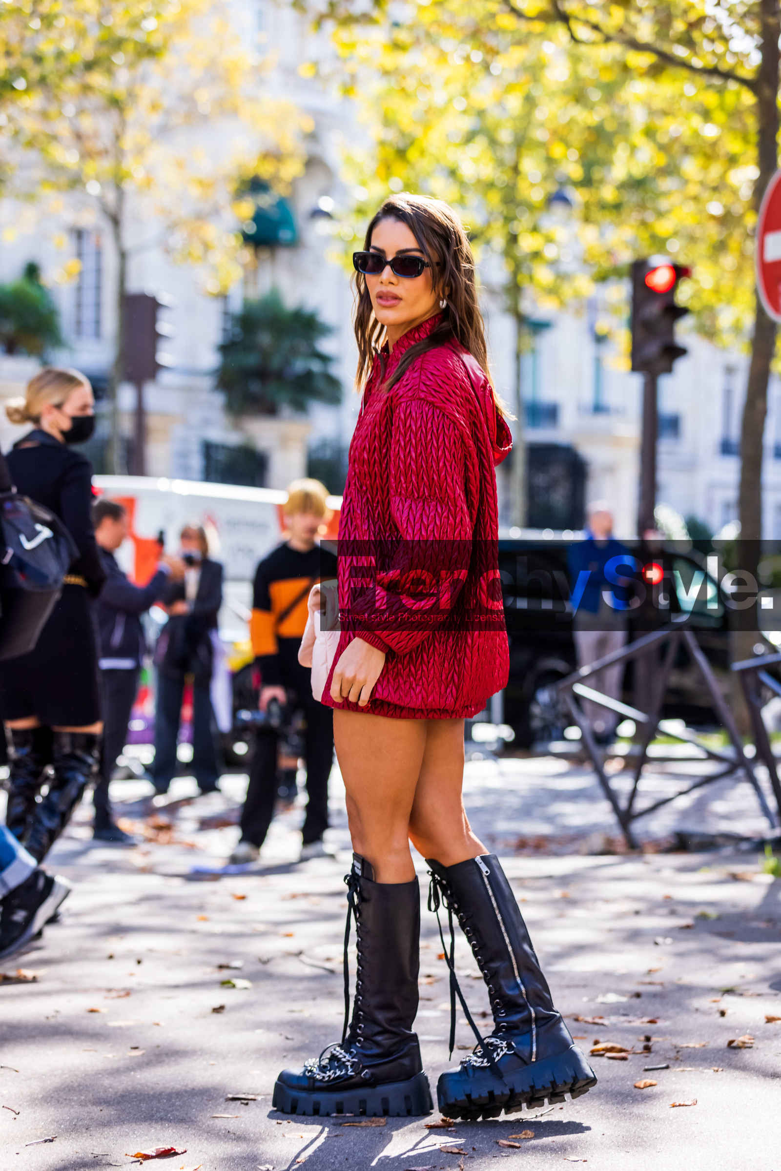 bag, black boots, black sunglasses, boots, Camila Coelho, chunky boots, high boots, jacket, mini skirt, miu miu boots, pink bag, quilted bag, quilted jacket, quilted skirt, red jacket, red skirt, skirt, sunglasses, fashion week, frenchystyle, FW, jonathan paciullo, street style, PFW, PARIS, SPRING SUMMER 2022, SS 22, vertical, full length