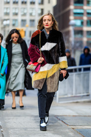 AUTUMN WINTER 2016-2017, AW 16-17, black and white wedges, black denim, black fur, brown fur, denim pants, fashion week, frenchystyle, full length, fur coat, FW, FW 16-17, graphic coat, gucci, high heels, jeans, jonathan paciullo, kate foley, leather shoes, NEW YORK, NYFW, red bag, red fur, street style, vertical, woman