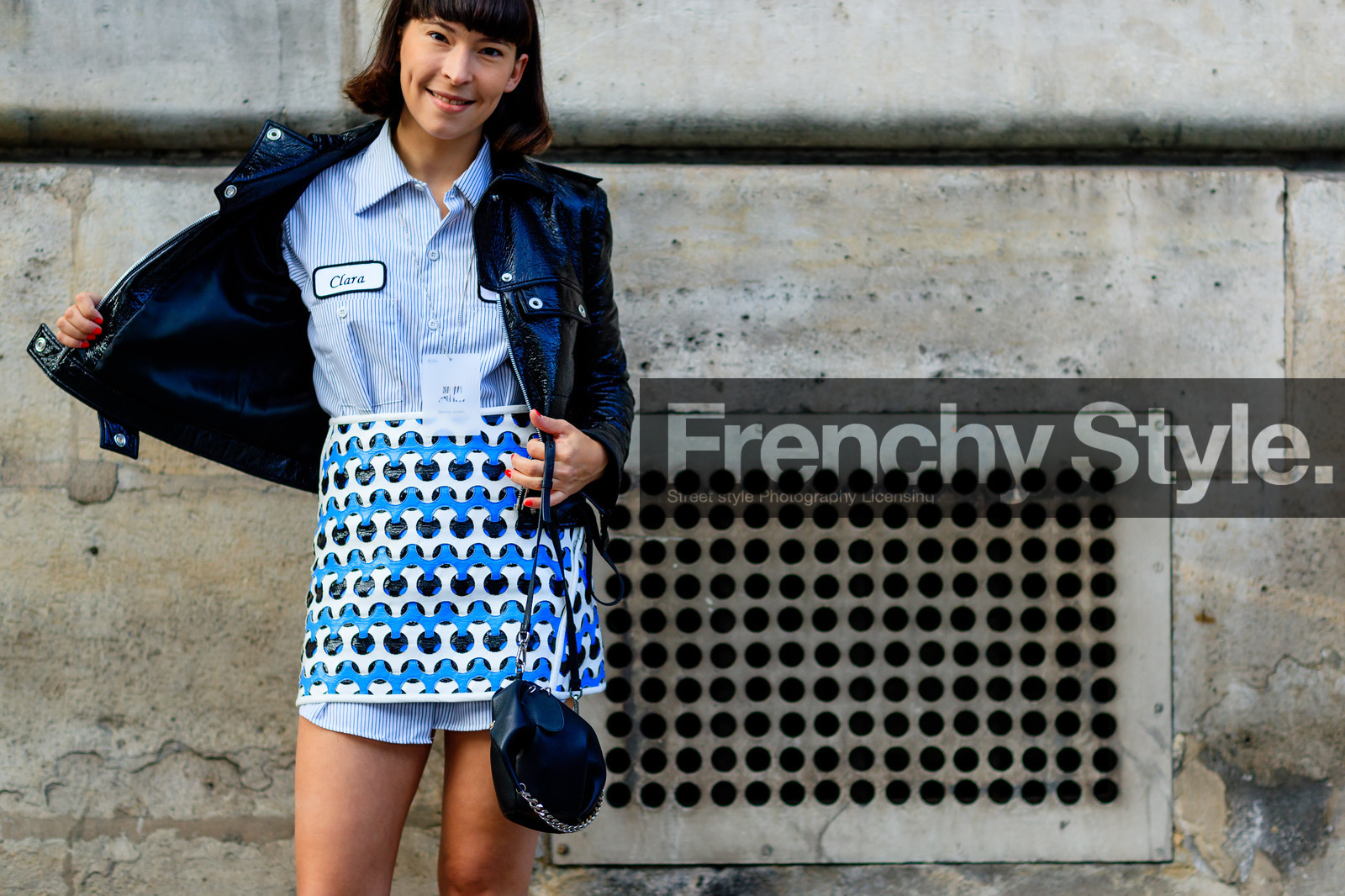atmosphere details, black bag, black jacket, black perfecto, blue shirt, blue skirt, clara cornet, courrèges, detail, fashion week, frenchystyle, FW, graphic skirt, horizontal, jonathan paciullo, leather bag, leather jacket, leather perfecto, loewe, PARIS, PFW, printed skirt, SPRING SUMMER 2017, SS 17, street style