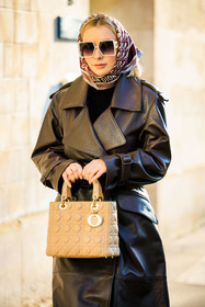 dior scarf, printed scarf, monogram scarg, burgundy scarf, white sunglasses, leather trench, brown trench, close up, black top, dior bag, lady dior bag, beige bag, christian dior, fashion week, frenchystyle, FW, jonathan paciullo, street style, PARIS, PFW, SPRING SUMMER 2022, SS 22, atmosphere details, detail, vertical