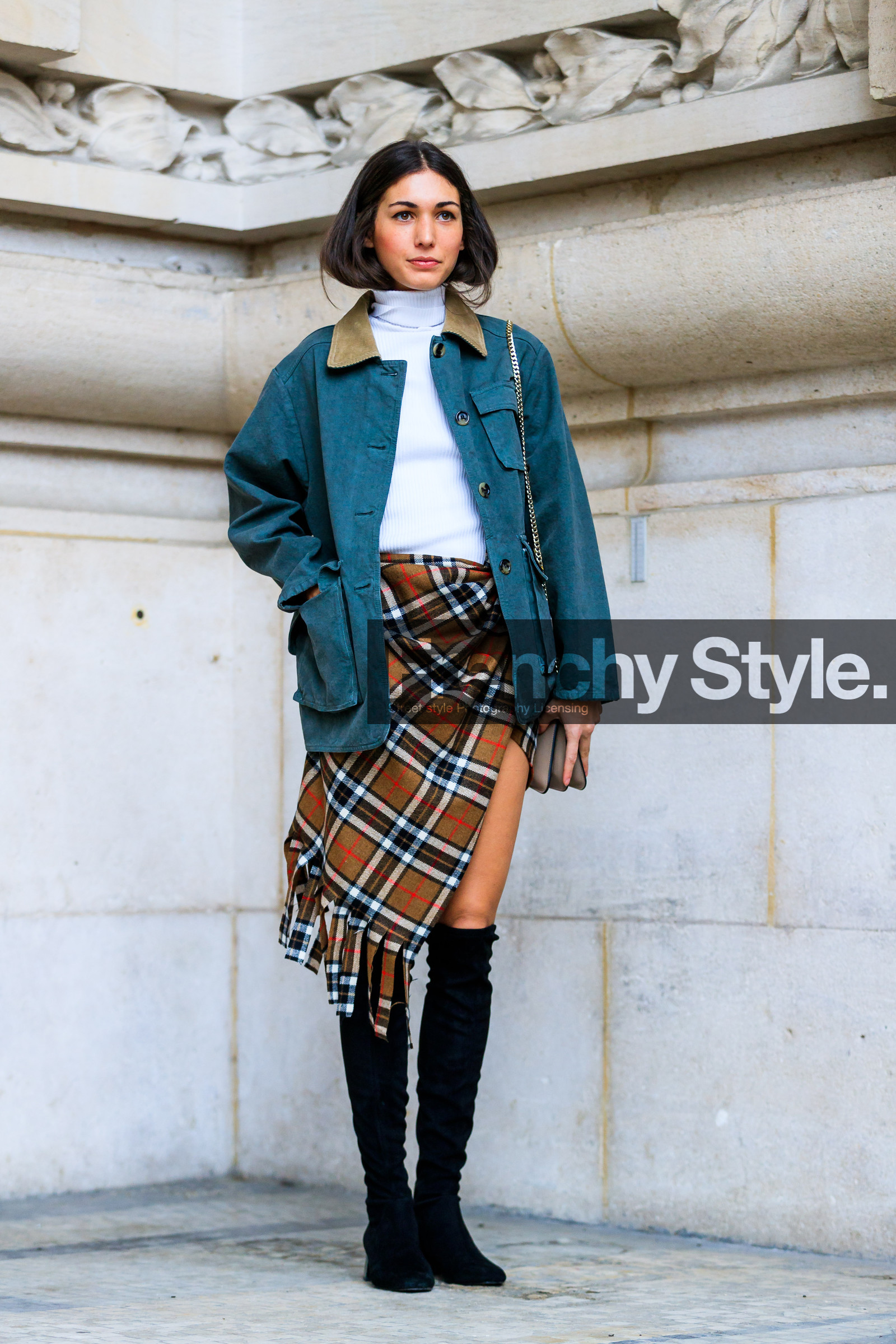 AUTUMN WINTER 2017-2018, AW 17-18, black boots, black shoes, brown skirt, checked skirt, diletta bonaiuti, FALL WINTER 2017-2018, fashion week, frenchystyle, full length, FW, FW 17-18, graphic skirt, green jacket, high boots, jonathan paciullo, jw anderson, leather shoes, nude bag, PARIS, PFW, plaid, street style, tartan, vertical, white sweater