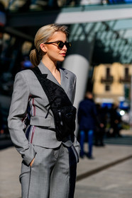 black bag, blazer, caro daur, grey jacket, grey pants, grey suit, leather bag, prada, sunglasses, trousers, MILAN, MFW, fashion week, frenchystyle, FW, jonathan paciullo, street style, AUTUMN WINTER 2019-2020, AW 19-20, FALL WINTER 2019-2020, FW 19-20, vertical, atmosphere details, detail