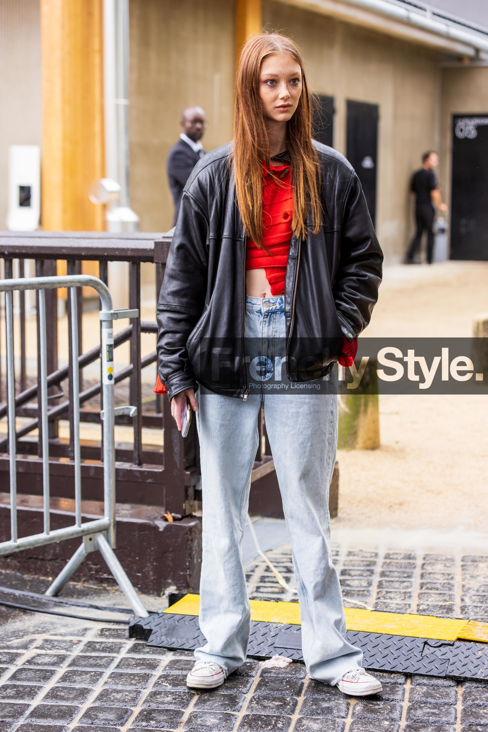black jacket, converse, denim, jacket, jeans, leather jacket, ligh denim, red top, Sara Grace Wallerstedt, straight jeans, top, white converse, white sneakers, fashion week, frenchystyle, FW, jonathan paciullo, street style, PFW, PARIS, SPRING SUMMER 2022, SS 22, vertical, full length