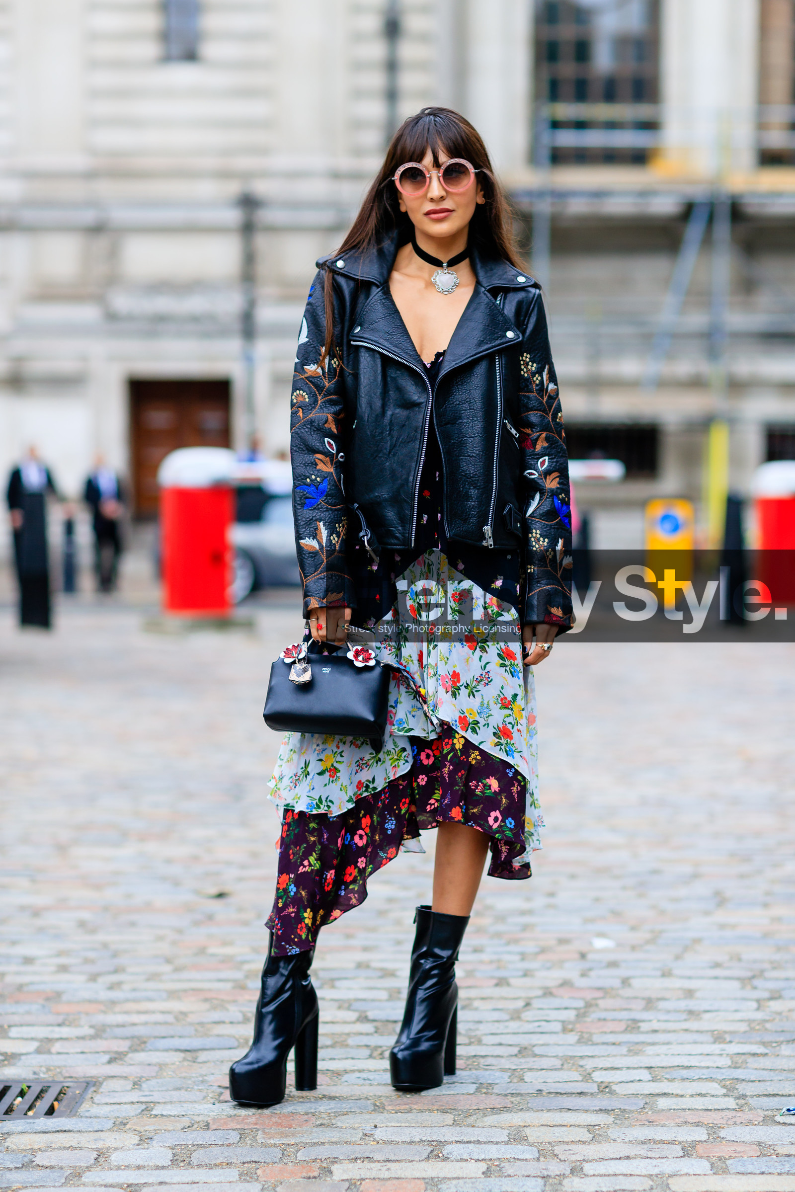 black bag, black boots, black jacket, black perfecto, choker, fashion week, fendi, floral, flower, frenchystyle, full length, FW, high heels, jonathan paciullo, leather bag, leather boots, leather jacket, leather perfecto, leather shoes, LFW, LONDON, necklace, printed dress, silk dress, SPRING SUMMER 2017, SS 17, street style, sunglasses, vertical, woman