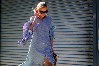 atmosphere details, blue dress, detail, earrings, fashion week, frenchystyle, FW, graphic dress, horizontal, jonathan paciullo, NEW YORK, NYFW, printed dress, ruffles, shirt dress, SPRING SUMMER 2018, SS 18, street style, striped de, striped dress, sunglasses