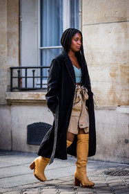 beige skirt, black coat, blue crop top, boots, camel boots, coat, crop top, high boots, leather boots, Rajni Lucienne Jacques, skirt, street style, jonathan paciullo, FW, frenchystyle, fashion week, PFW, PARIS, SPRING SUMMER 2022, SS 22, vertical, full length