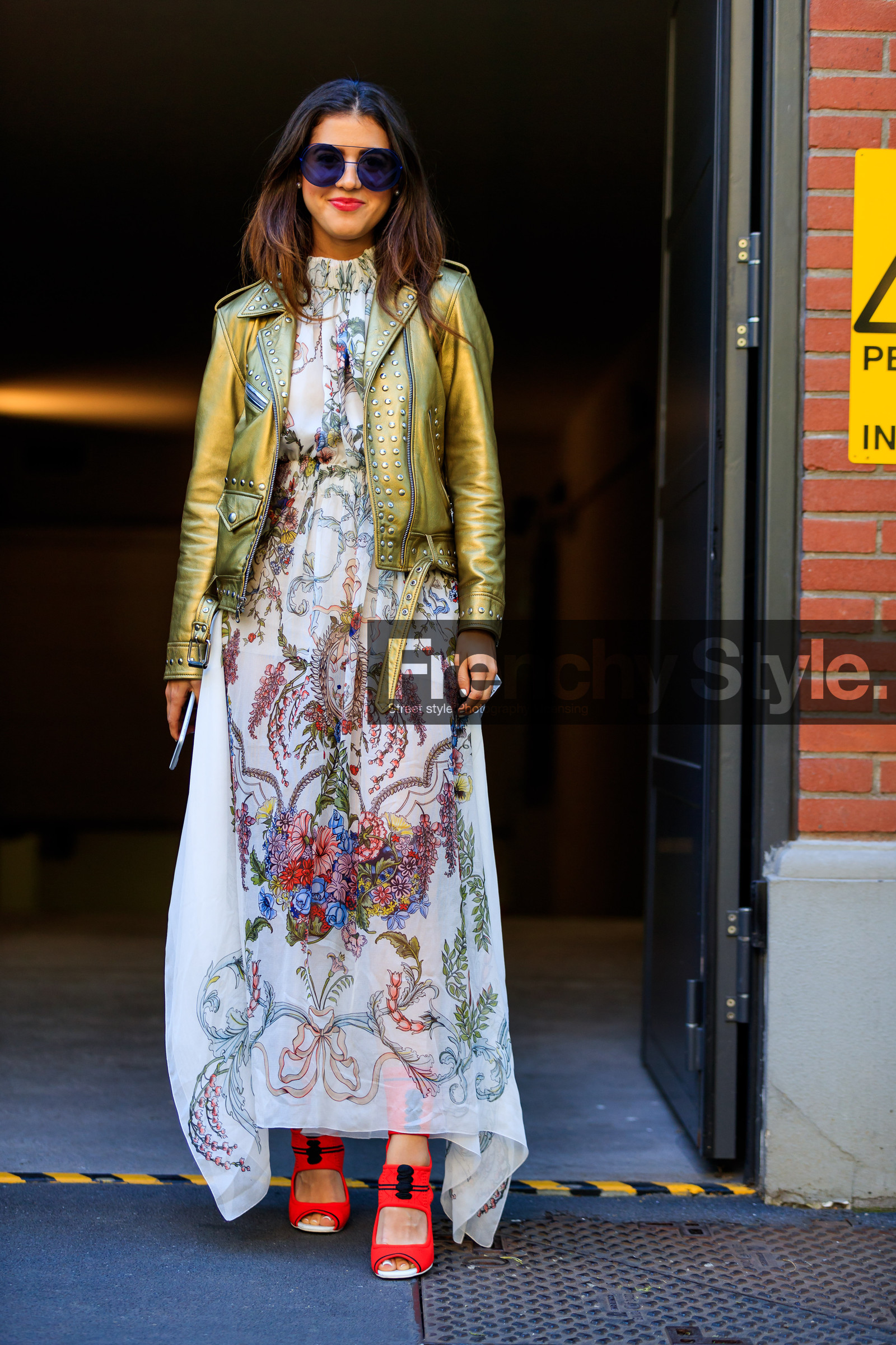 fashion week, floral, flowers, frenchystyle, full length, FW, golden jacket, graphic dress, high heels, jonathan paciullo, leather jacket, leather perfecto, leather shoes, MFW, MILAN, printed dress, red shoes, SPRING SUMMER 2018, SS 18, street style, studs, sunglasses, vertical, white dress