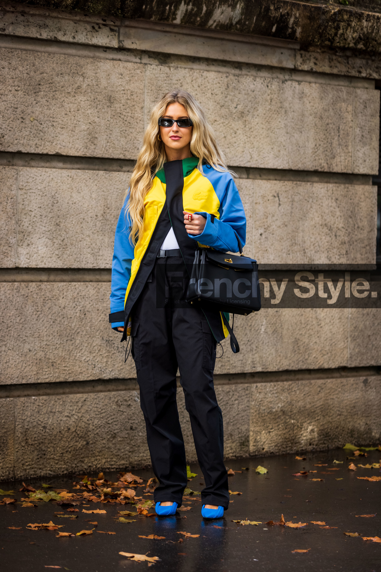 bag, black bag, black pants, black sunglasses, blue jacket, blue shoes, cap, color, Emili Sindlev, hermes bag, jacket, lacoste jacket, lacoste look, leather bag, pants, sunglasses, yellow jacket, lacoste, fashion week, frenchystyle, FW, jonathan paciullo, street style, PFW, PARIS, SPRING SUMMER 2022, SS 22, vertical, full length