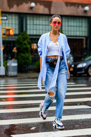 balenciaga, black bag, blue denim, blue shirt, crop top, denim pants, fanny pack, gucci, jeans, leather bag, leather shoes, necklace, ripped pants, striped shirt, sunglasses, tamara kalinic, trousers, white sneakers, white top, street style, jonathan paciullo, FW, frenchystyle, fashion week, NYFW, NEW YORK, SPRING SUMMER 2019, SS 19, vertical, full length