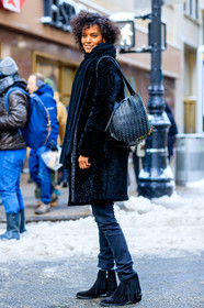 AUTUMN WINTER 2017-2018, AW 17-18, black bag, black boots, black coat, black denim, black jacket, black scarf, denim pants, FALL WINTER 2017-2018, fashion week, frenchystyle, fringes, full length, fur jacket, FW, FW 17-18, jeans, jonathan paciullo, leather bag, leather boots, Liya Kebede, model, NEW YORK, NYFW, street style, studs, suede shoes, trousers, vertical