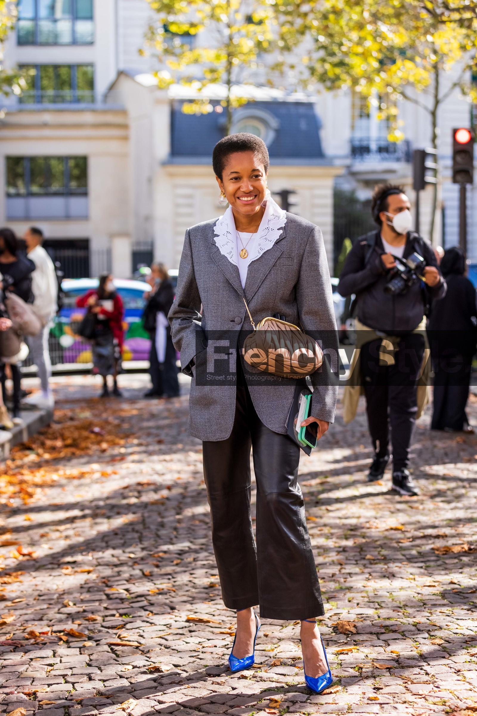 bag, beige bag, black pants, blazer, blue heels, crossbody bag, earrings, elecetric blue, embroidery, flare pants, gold necklace, grey blazer, heels, leather pants, miu miu bag, pants, printed blazer, Tamu McPherson, fashion week, frenchystyle, FW, jonathan paciullo, street style, PFW, PARIS, SPRING SUMMER 2022, SS 22, vertical, full length