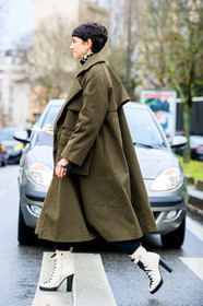 AUTUMN WINTER 2017-2018, AW 17-18, earrings, FALL WINTER 2017-2018, fashion week, frenchystyle, full length, FW, FW 17-18, green coat, high heels, jonathan paciullo, leather shoes, PARIS, PFW, street style, vertical, white boots