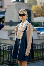 black dress, camel sweater, leather dress, linda tol, sunglasses, MILAN, MFW, fashion week, frenchystyle, FW, jonathan paciullo, street style, AUTUMN WINTER 2019-2020, AW 19-20, FALL WINTER 2019-2020, FW 19-20, vertical, atmosphere details, detail