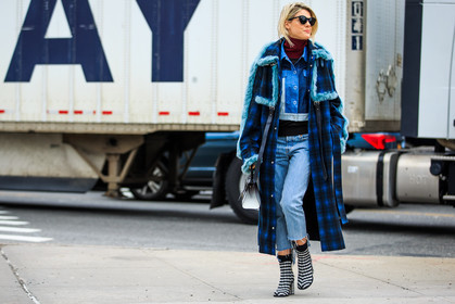 atmosphere details, AUTUMN WINTER 2016-2017, AW 16-17, black and white, blue, blue coat, blue denim, blue fur, checked boots, checked coat, denim jacket, denim pants, fashion week, frenchystyle, full length, fur collar, FW, FW 16-17, graphic shoes, grey, grey bag, high boots, high heels, horizontal, jeans, jonathan paciullo, leather bag, NEW YORK, NYFW, patchwork, plaid, sofie valkiers, street style, sunglasses, trousers, turtleneck sweater, woman