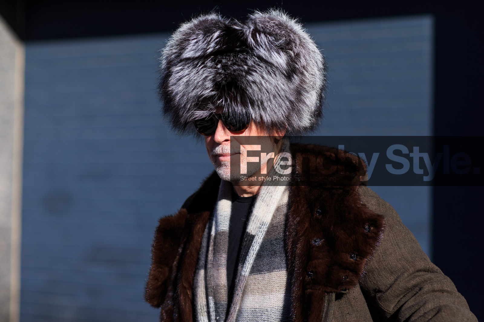 atmosphere details, AUTUMN WINTER 2016-2017, AW 16-17, brown coat, brown fur, brown pants, chapka, detail, fashion week, frenchystyle, fur collar, fur hat, FW, FW 16-17, grey fur, grey hat, grey knit, grey sweater, horizontal, jonathan paciullo, man, NEW YORK, nick wooster, NYFW, parka, safety pin, street style, striped cardigan, striped sweater, suede pants, sunglasses