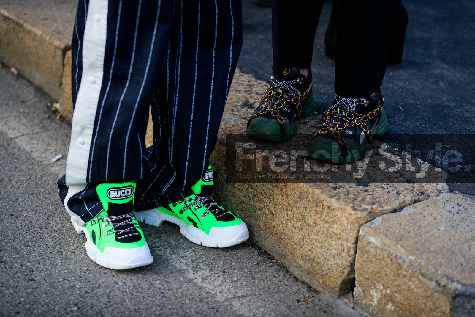blue pants, graphic pants, green sneakers, gucci, leather shoes, printed pants, stripes, trousers, fashion week, frenchystyle, FW, jonathan paciullo, street style, MFW, MILAN, AUTUMN WINTER 2019-2020, AW 19-20, FALL WINTER 2019-2020, FW 19-20, atmosphere details, detail, horizontal
