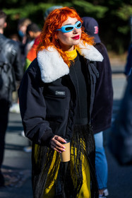 black bomber, black top, blue sunglasses, bomber, color, coperni, fringes, Miranda Mikaroff, orange hair, sunglasses, yellow dress, street style, jonathan paciullo, FW, frenchystyle, fashion week, PFW, PARIS, SPRING SUMMER 2022, SS 22, vertical, atmosphere details