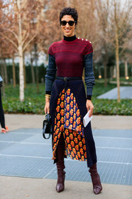 black bag, brown boots, chloé, floral, flowers, graphic skirt, grey sweater, high boots, leather bag, leather shoes, navy skirt, printed skirt, red sweater, sunglasses, velvet, yasmin sewell, PARIS, PFW, street style, jonathan paciullo, FW, frenchystyle, fashion week, AUTUMN WINTER 2019-2020, AW 19-20, FALL WINTER 2019-2020, FW 19-20, vertical, full length