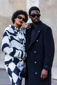 bicolor, black and white, black coat, black pants, black shirt, black sunglasses, coat, diamond print, Didi Stone, duo, Jean-Philippe Phiné N'djoli, long coat, menswear, print, printed pants, printed shirt, rectangle sunglasses, sunglasses, white pants, white shirt, fashion week, frenchystyle, FW, jonathan paciullo, street style, PFW, PARIS, SPRING SUMMER 2022, SS 22, vertical, atmosphere details