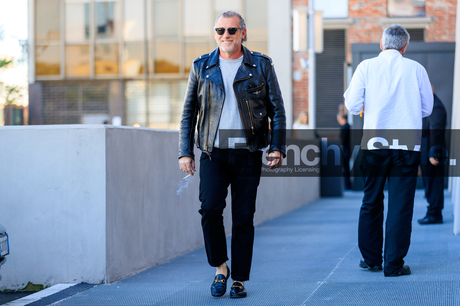 atmosphere details, black jacket, black loafers, black pants, black perfecto, black shoes, fashion week, frenchystyle, full length, FW, grey sweater, gucci, horizontal, jonathan paciullo, leather perfecto, leather shoes, MFW, MILAN, SPRING SUMMER 2018, SS 18, street style, sunglasses, trousers