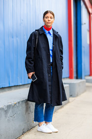 annina mislin, AUTUMN WINTER 2016-2017, AW 16-17, blue coat, blue denim, blue shirt, denim pants, fashion week, frenchystyle, full length, FW, FW 16-17, jeans, jonathan paciullo, leather sneakers, NEW YORK, nike, NYFW, overcoat, red sweater, street style, trousers, turtleneck sweater, vertical, white sneakers, woman