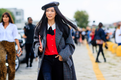 atmosphere details, beret, black denim, black hat, denim pants, detail, fashion week, frenchystyle, FW, grey coat, horizontal, jeans, jonathan paciullo, leather cap, MFW, MILAN, overcoat, red sweater, SPRING SUMMER 2017, SS 17, street style, trousers, yoyo cao