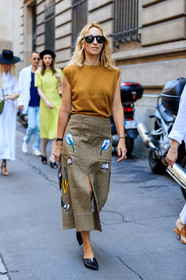 beige skirt, black mules, black shoes, camel knit, embroidered skirt, floral, flowers, graphic skirt, leather shoes, printed skirt, sleeveless, sunglasses, fashion week, frenchystyle, FW, jonathan paciullo, street style, PFW, PARIS, vertical, full length, AUTUMN WINTER 2018-2019, FALL WINTER 2018-2019, FW 18-19, alexandra golovanoff