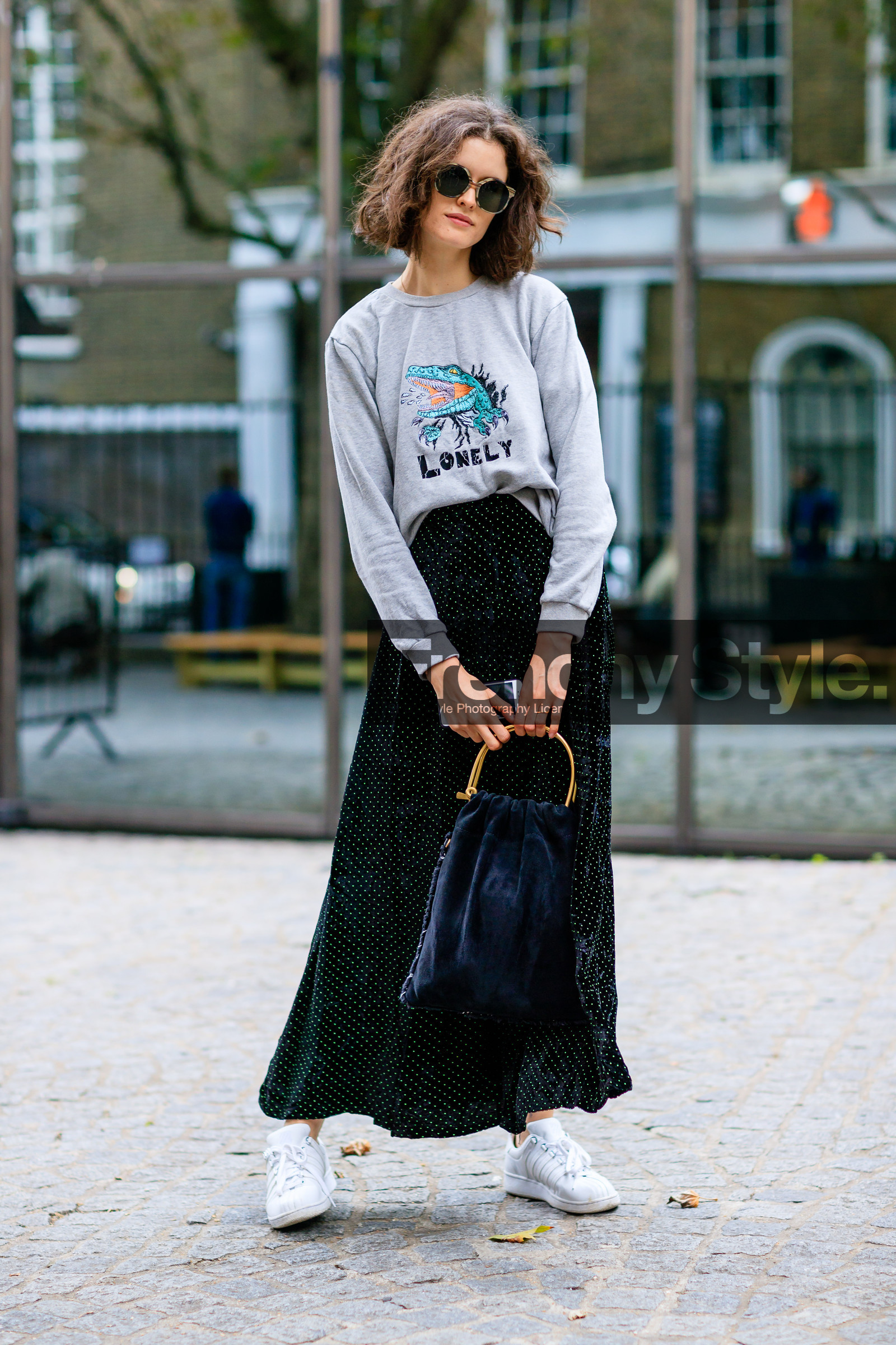 black bag, fashion week, frenchystyle, full length, FW, green skirt, grey sweater, jonathan paciullo, leather bag, leather sneakers, LFW, LONDON, printed sweater, printed t shirt, SPRING SUMMER 2017, SS 17, street style, suede bag, sunglasses, vertical, white sneakers, woman