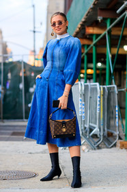 balenciaga, black shoes, blue denim, brown bag, denim dress, earrings, graphic bag, high heels, leather bag, leather shoes, louis vuitton, monogram, printed bag, sunglasses, street style, jonathan paciullo, FW, frenchystyle, fashion week, NYFW, NEW YORK, AUTUMN WINTER 2018-2019, AW 18-19, FALL WINTER 2018-2019, FW 18-19, vertical, full length, carola bernard, danielle bernstein