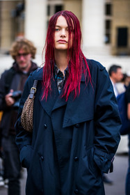 bag, black trenchcoat, hairstyle, logo print, marine serre bag, printed bag, printed shirt, red hair, shirt, street style, jonathan paciullo, FW, frenchystyle, fashion week, PFW, PARIS, SPRING SUMMER 2022, SS 22, vertical, atmosphere details, model